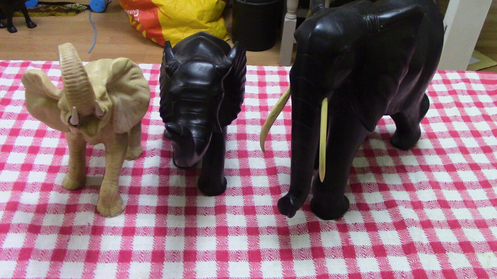 set of 3 large elephant figures, pair of ebony hand carved 27cm tall &1 resin