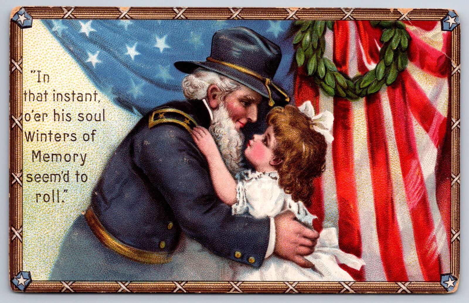 Brundage Patriotic~Decoration Day~Girl Hugs Civil War Veteran~Emb~Gabriel #150