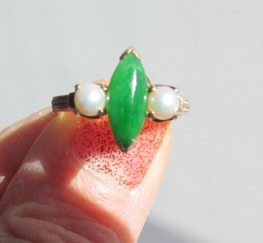 ANTIQUE Vintage 14K YELLOW GOLD MARQUISE GREEN JADE & PEARL RING SIZE 7.5 1ct