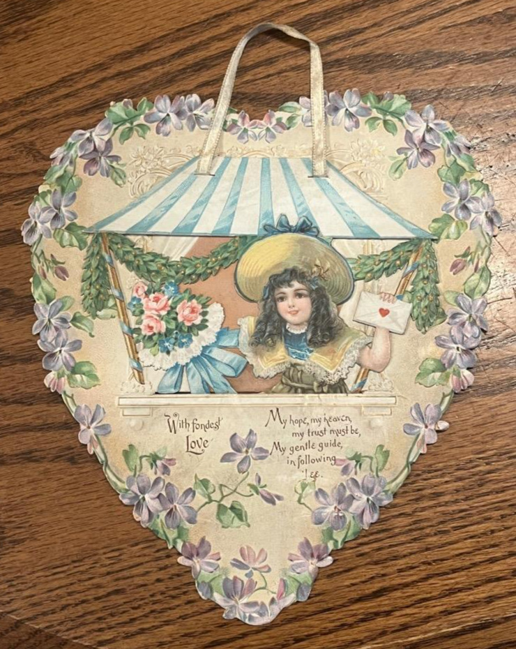 antique FRANCES BRUNDAGE  3d GIRL IN WINDOW POP OUT  Victorian Lg VALENTINE CARD