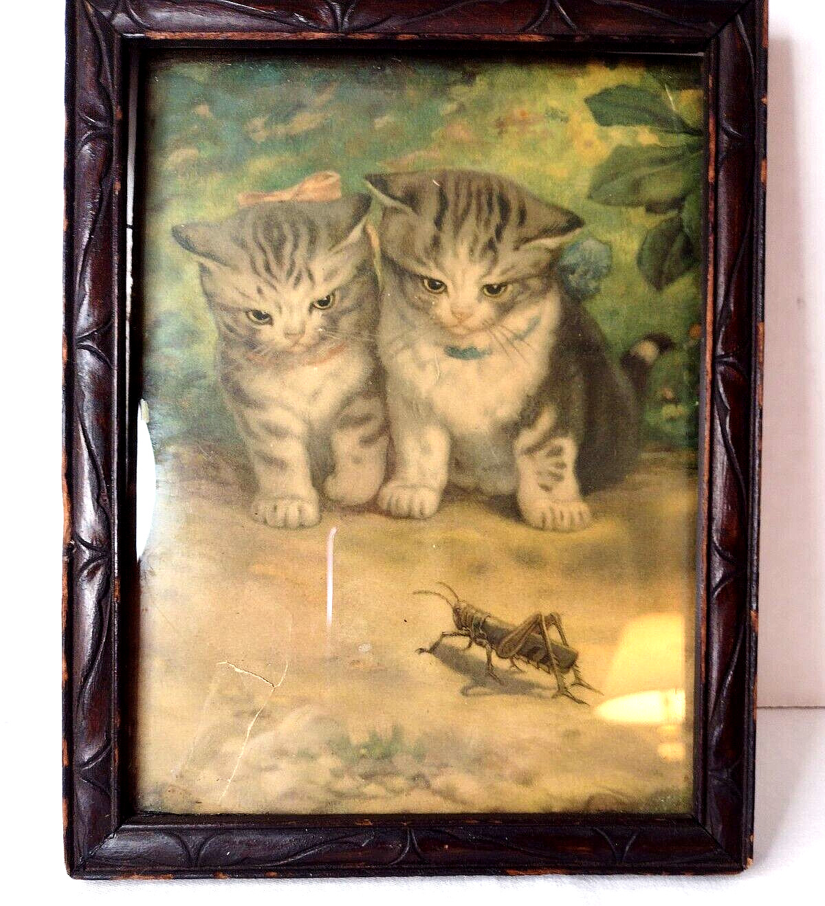 Antique Kittens Grasshopper framed 1920\'s/30\'s Antique Frame 6\