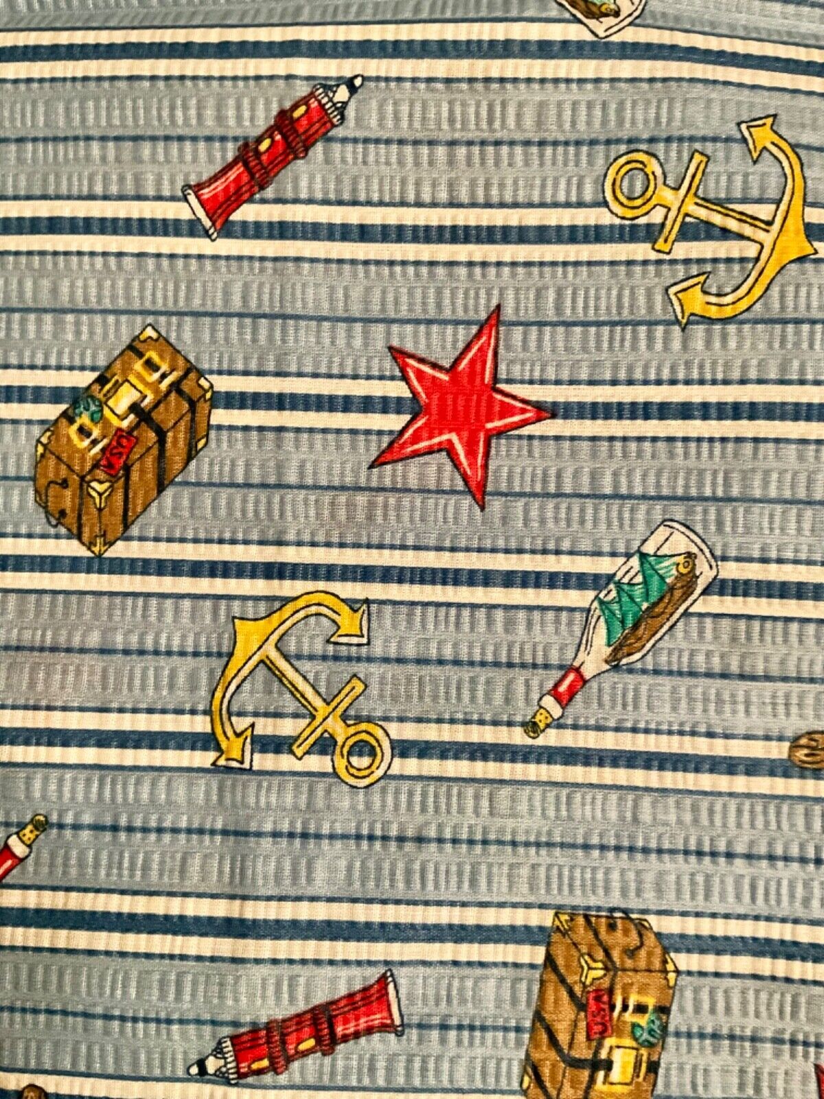vintage seersucker fabric, blue stripe, treasure chest, anchors, ship in bottle
