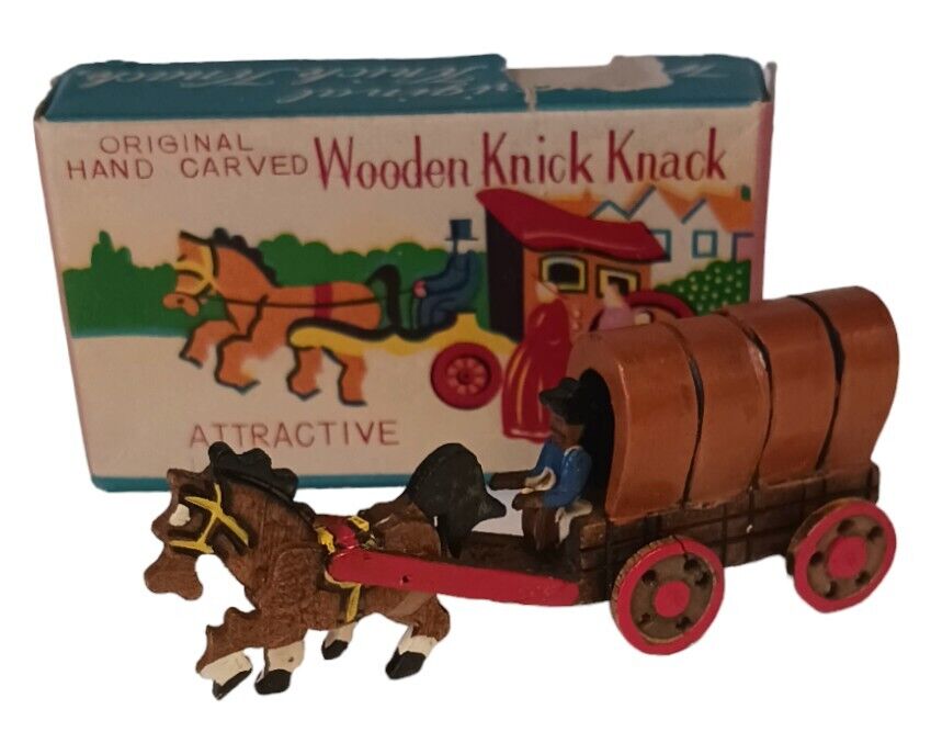 Cute Vintage KK Japan Hand Carved Wooden Knick Knack Horse & Wagon Boxed