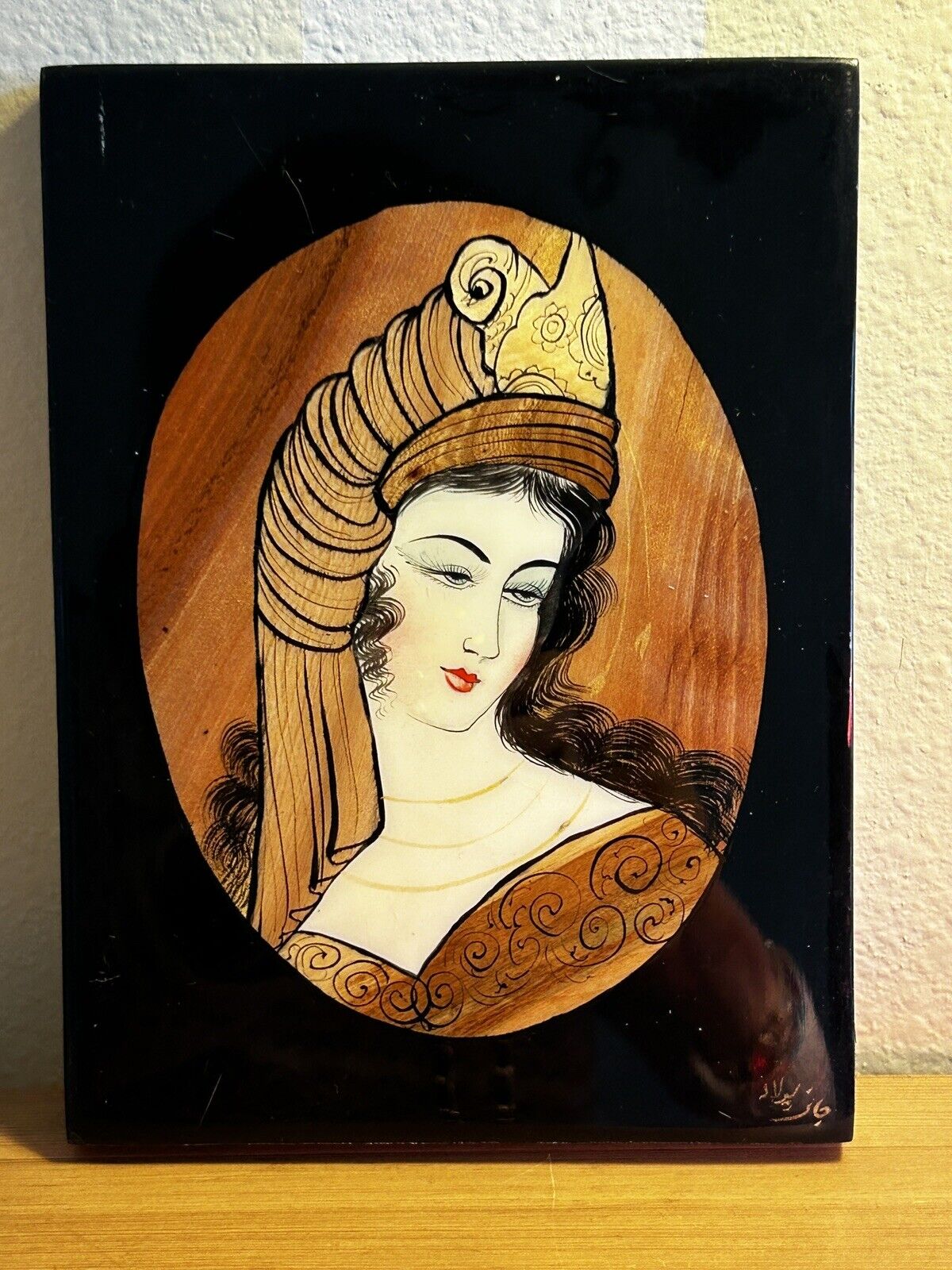 Vintage Lacquer Miniature Painting Art Goddess Inlaid Wood Mother of Pearl/
