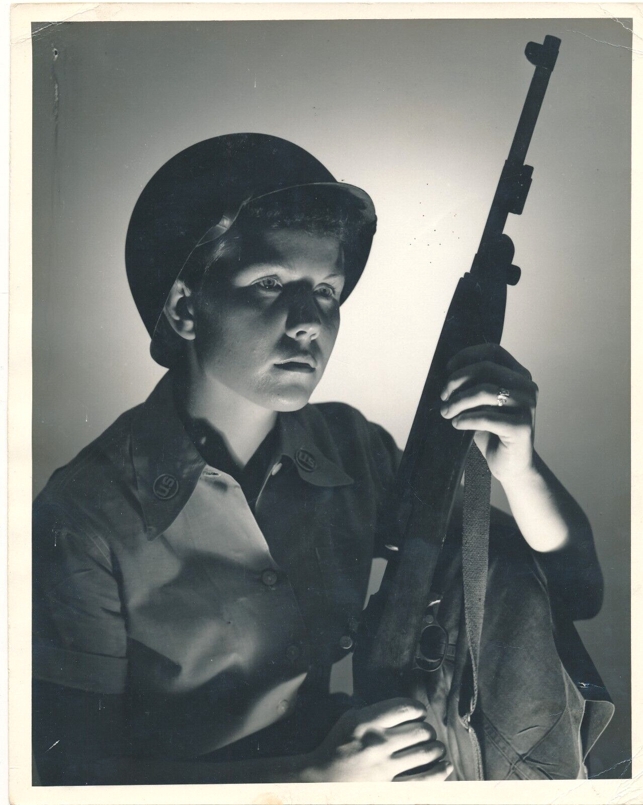 Vintage WWII Photo - Boy Face American Soldier, Kid with a Rifle 8x10