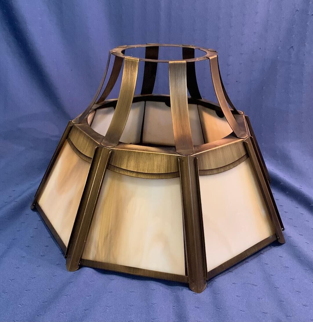Vintage Octagon Antique Brass Slag Glass Light Shade