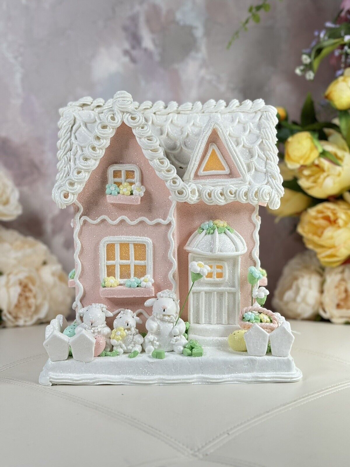 CUPCAKES & CASHMERE 11” PASTEL EASTER GINGERBREAD LED HOUSE W/SHEEP FAMILY