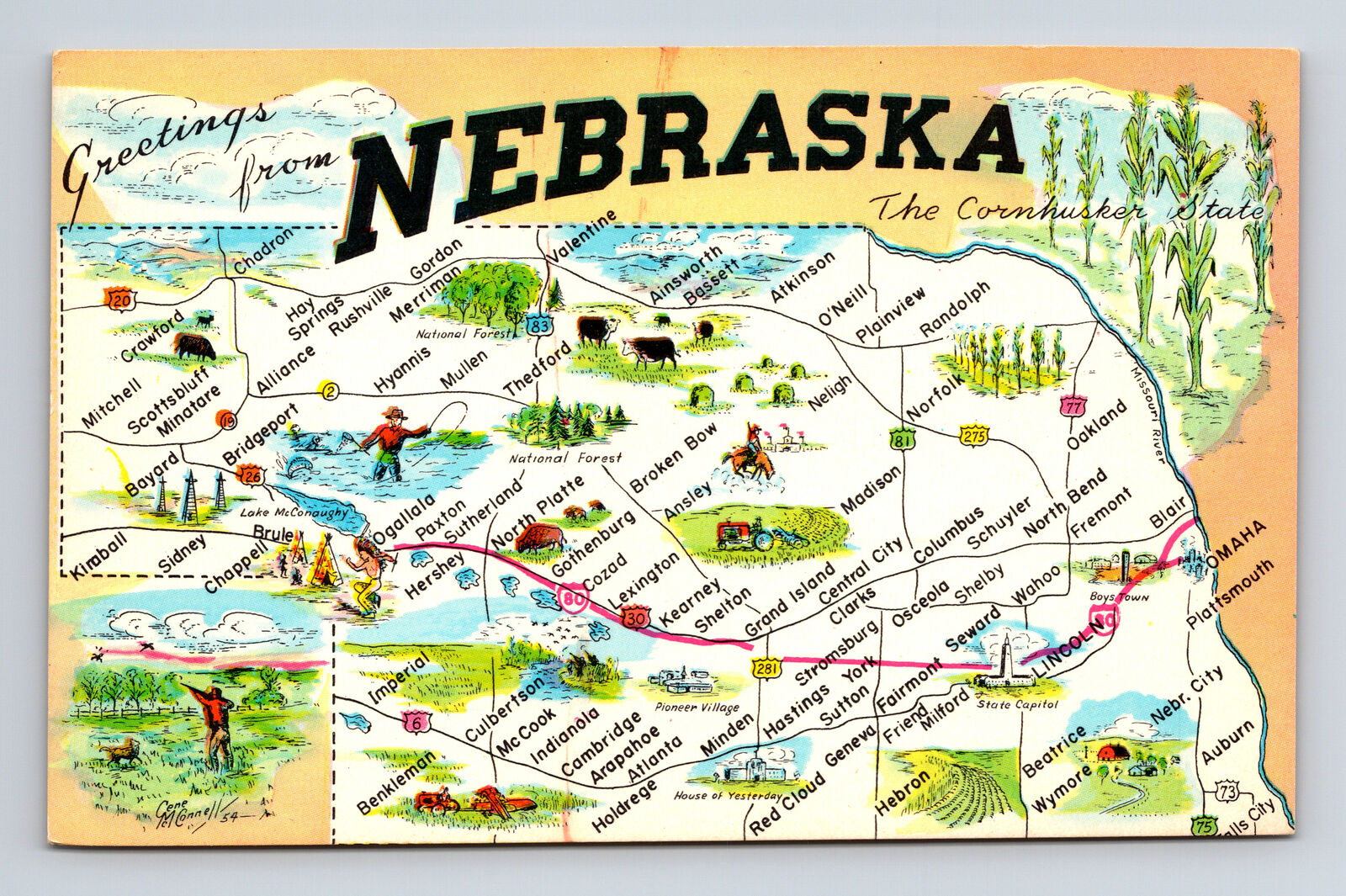 Pictorial Tourist Map Duck Hunting Fly Fishing State of Nebraska NE Postcard