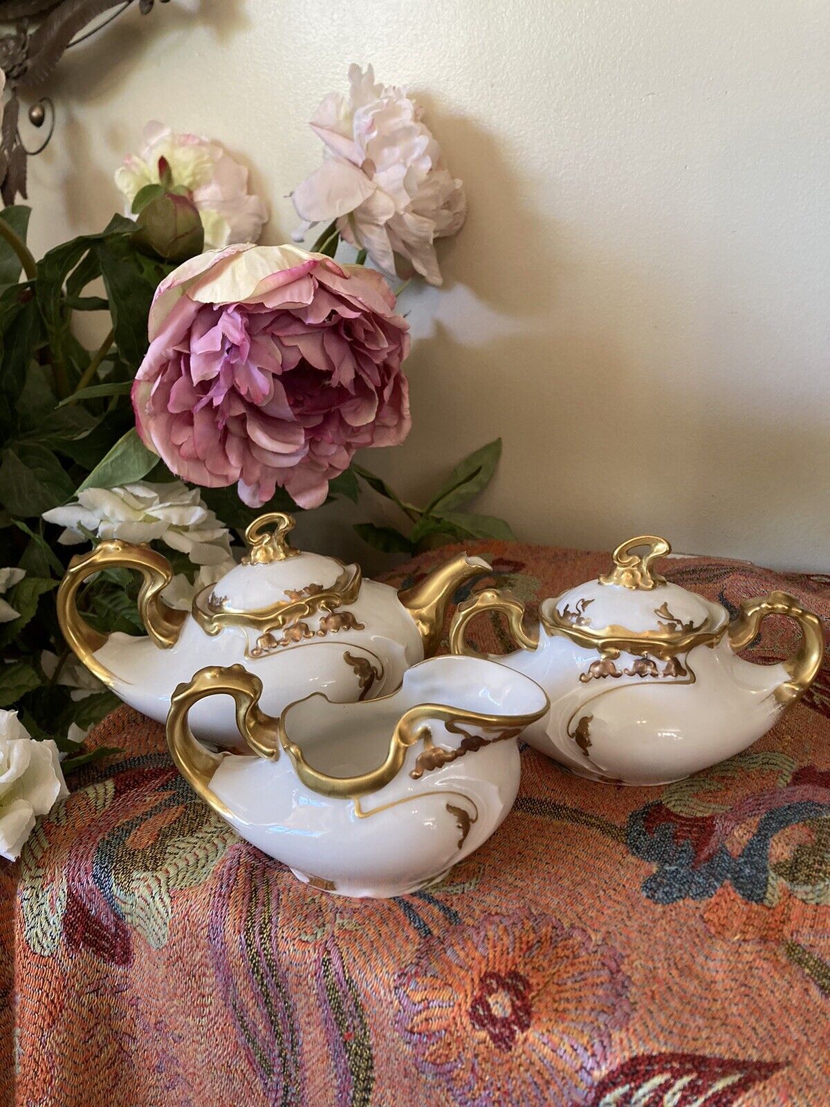 JEAN POUYAT LIMOGES Porcelain Tea Set Teapot Sugar Bowl Creamer JPL France
