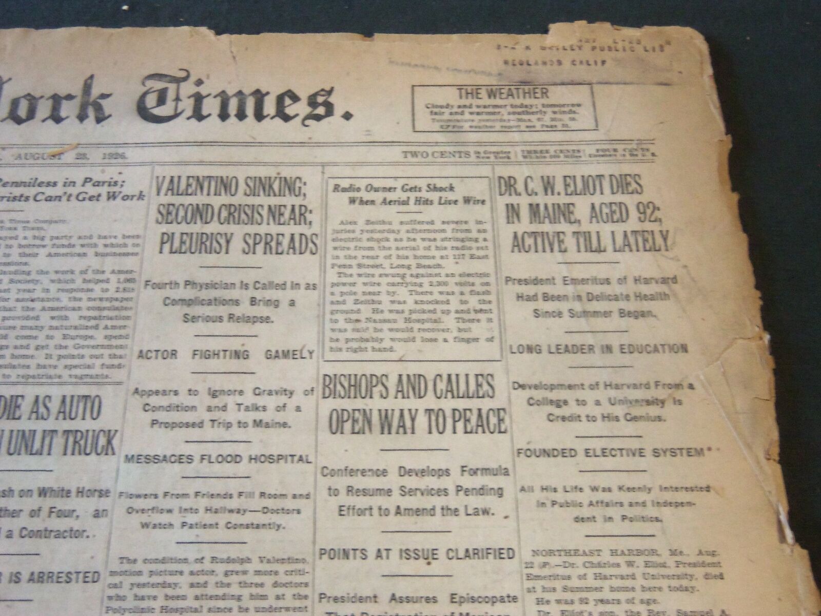 1926 AUGUST 23 NEW YORK TIMES - DR. CHARLES ELIOT DIES AT 92 - NT 6307