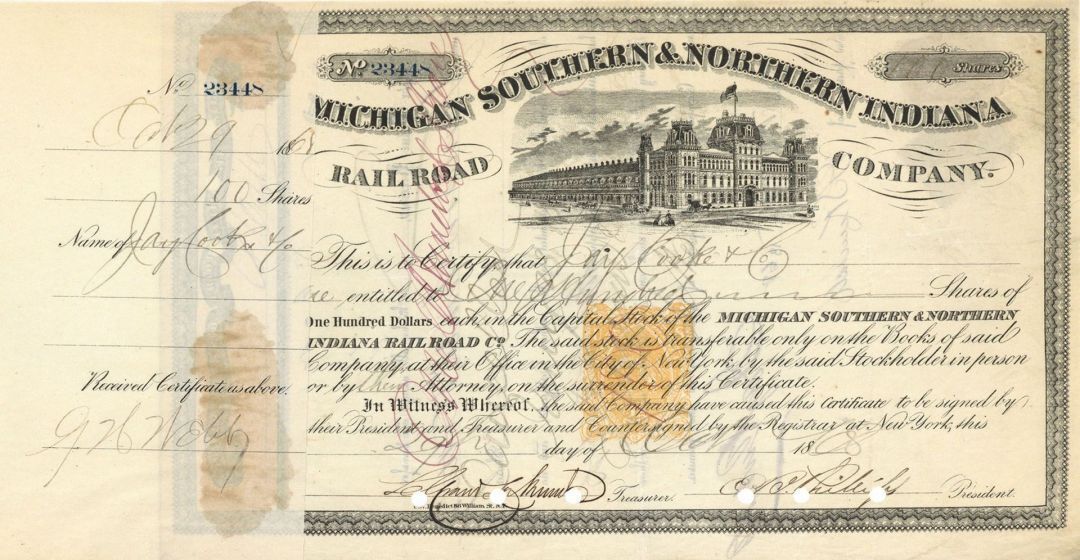 Michigan Southern and Northern Indiana Railroad Co. issued to Jay Cooke and Co. 