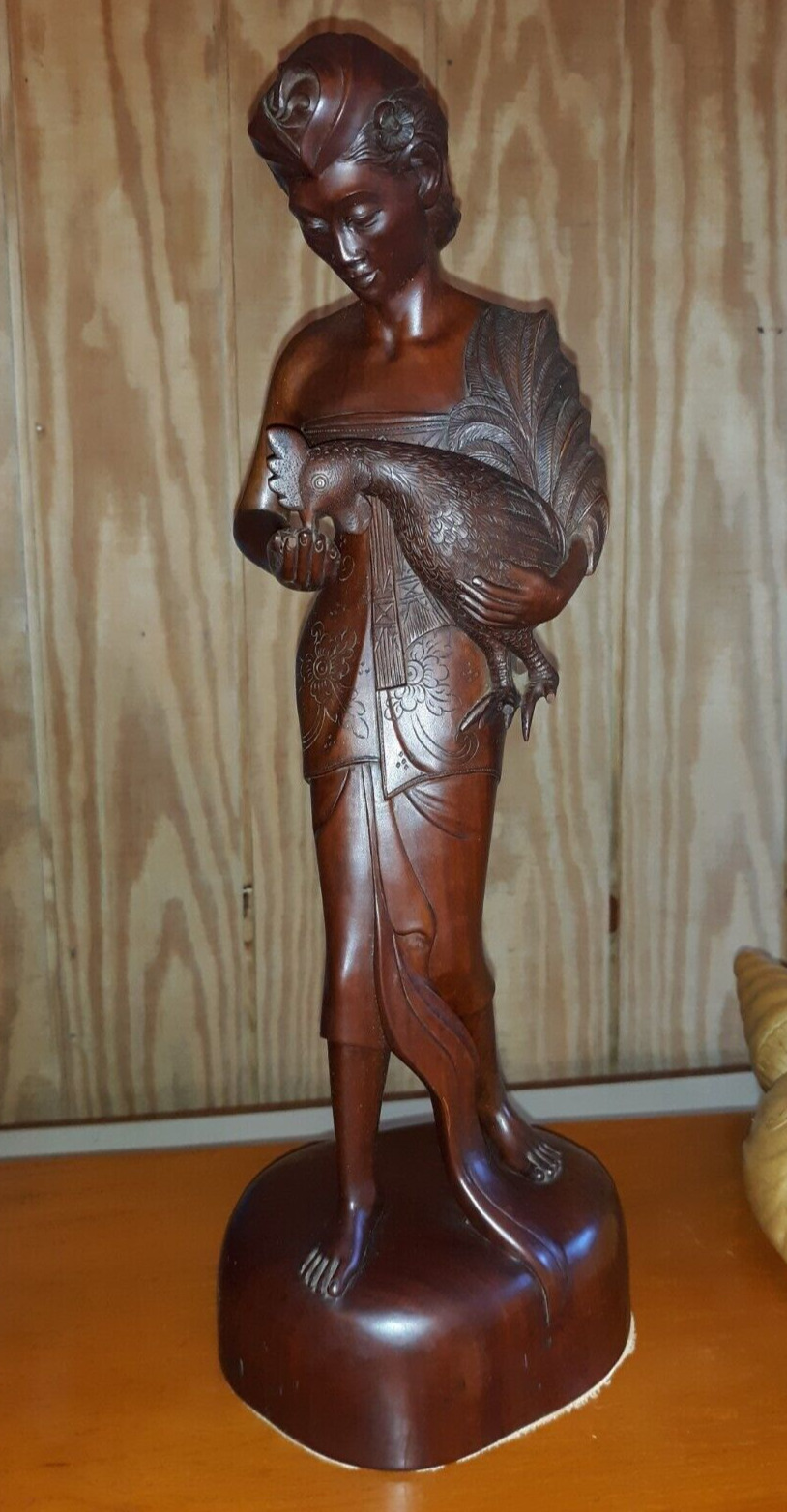 Lovely Large Vintage Asian Balinese Wood Carving Sculpture Woman Rooster