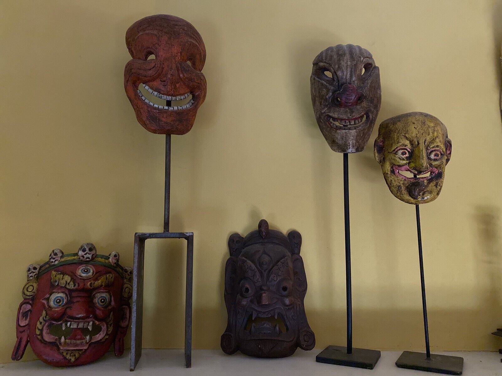 Rare Antique Lot of 5 Polychrome Tibetan Nepalese Bhairav Mahakala Masks