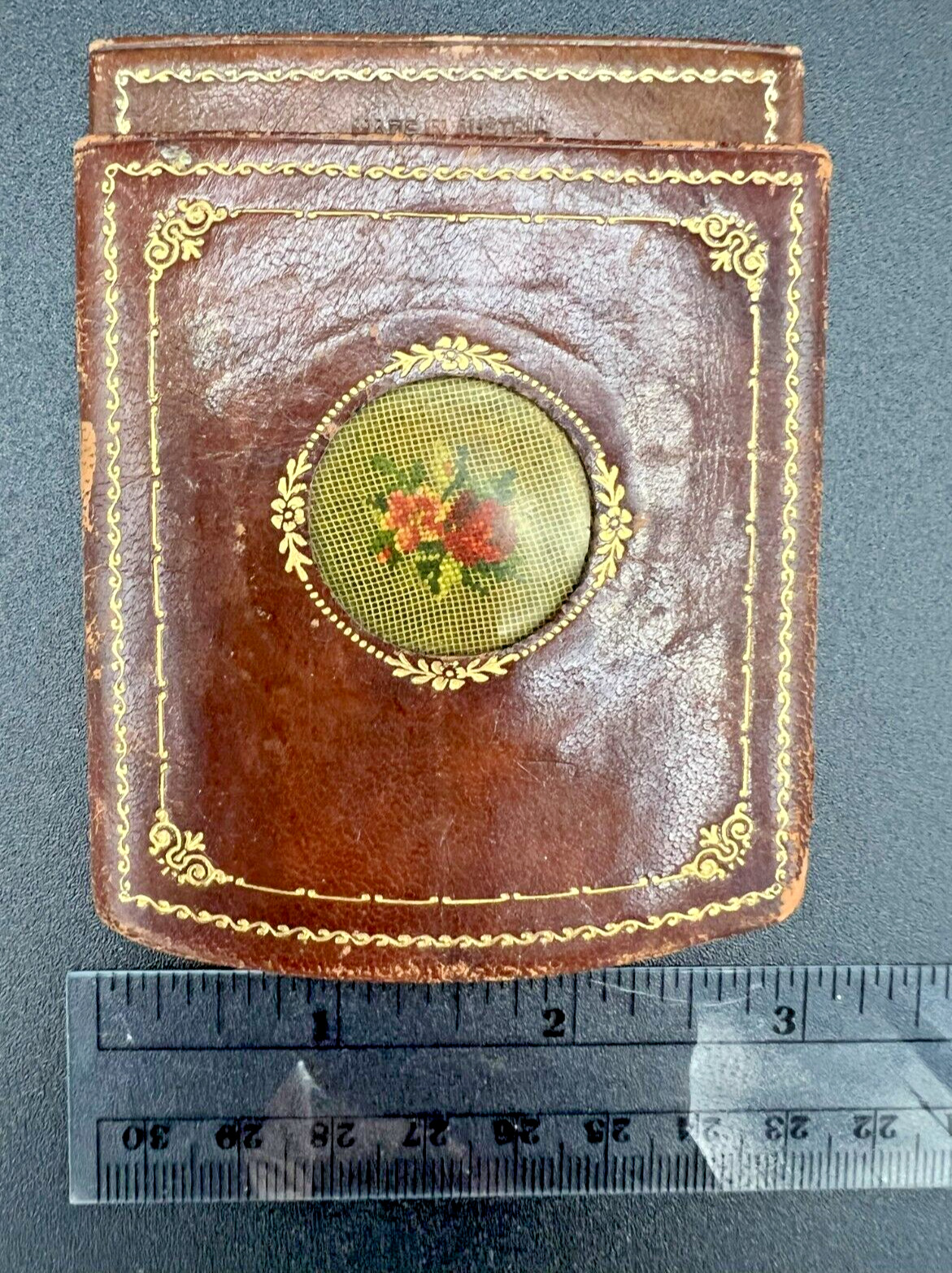 Beautiful Antique Austrian Leather and Needlepoint Pocket Photo Holder Case