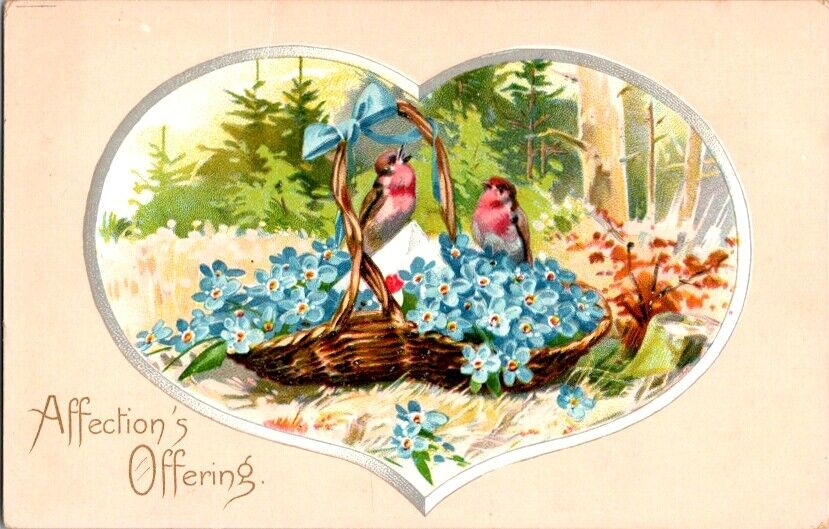 Tuck\'s Valentine\'s Postcard Two Singing Birds & Flower Basket Inside Heart B-381