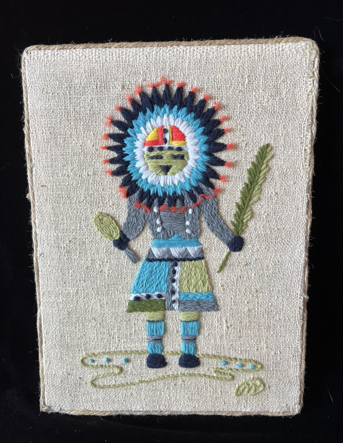 Vintage Mid 20thC Native American Kachina Doll Dancer Needlework Textile Framed