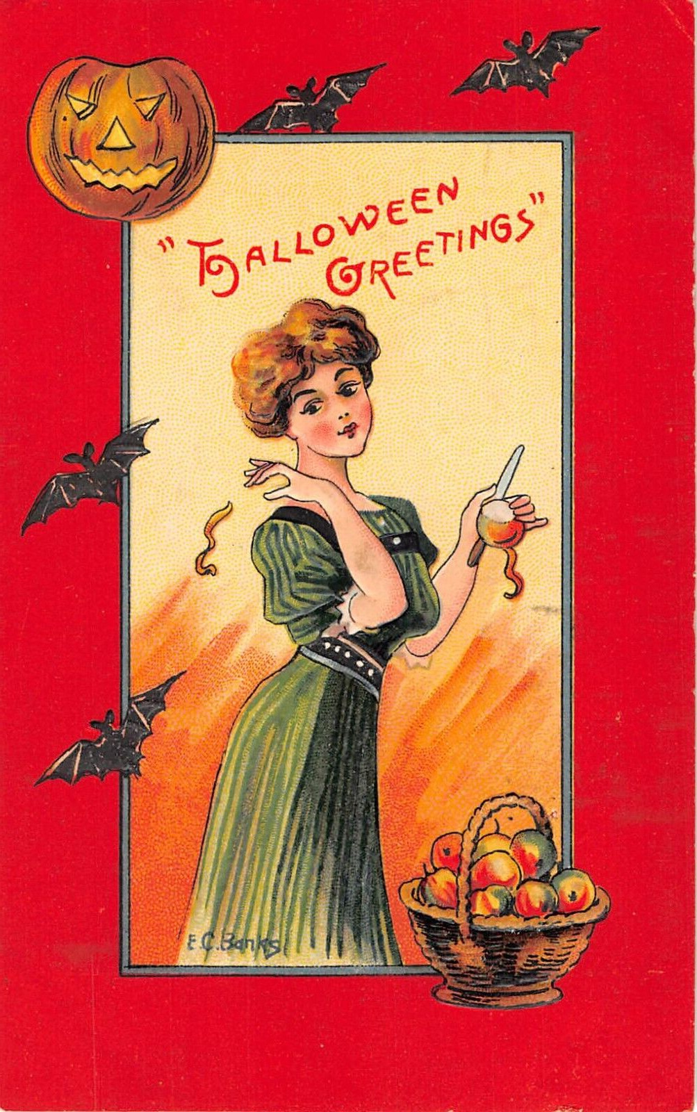 1909 sgd. EC Banks Young Lady Peeling Apple Jack O\' Lantern Halloween postcard
