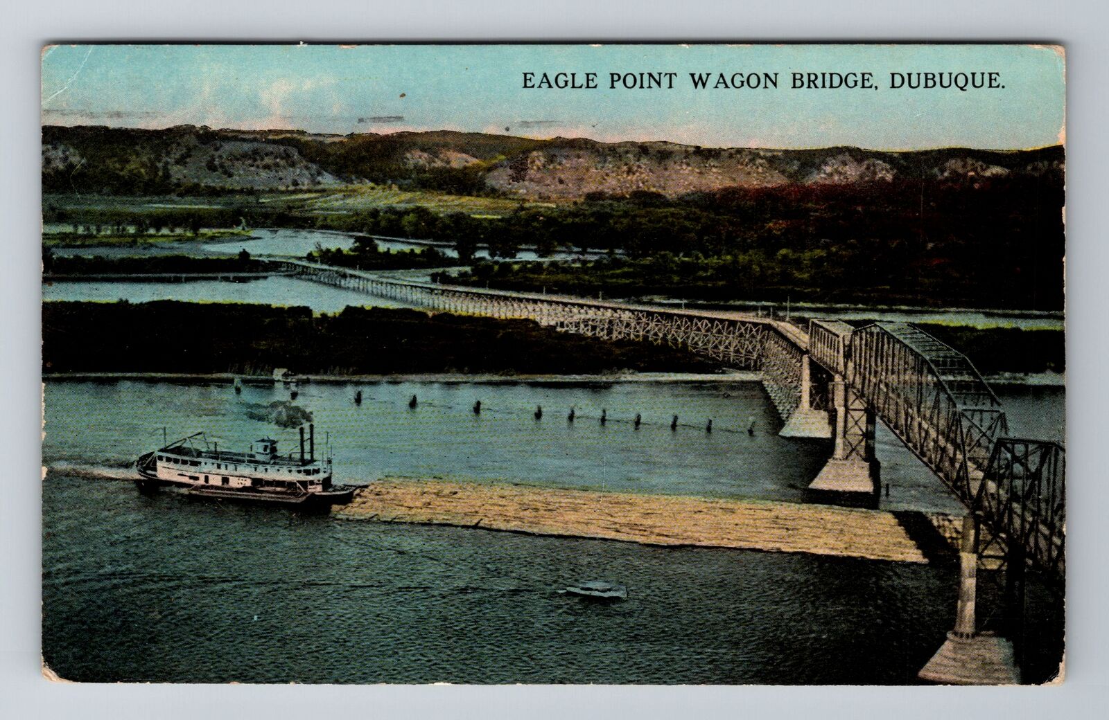 Dubuque IA-Iowa, Aerial Eagle Point Wagon Bridge Antique Vintage c1919 Postcard