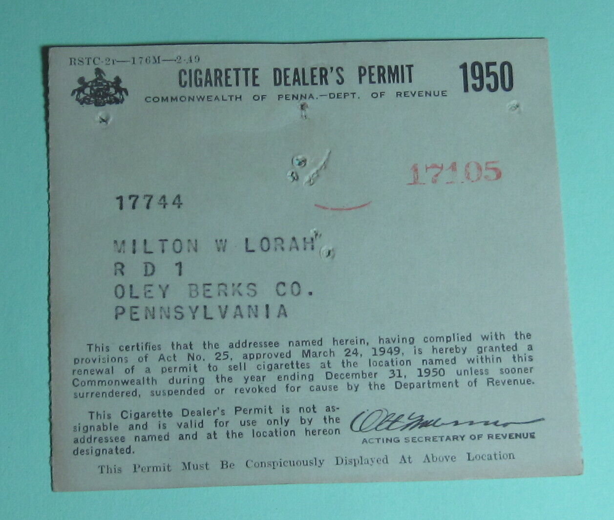 1950 Oley Berks Pennsylvania Cigarette Dealer\'s Permit Business Tobacco License 