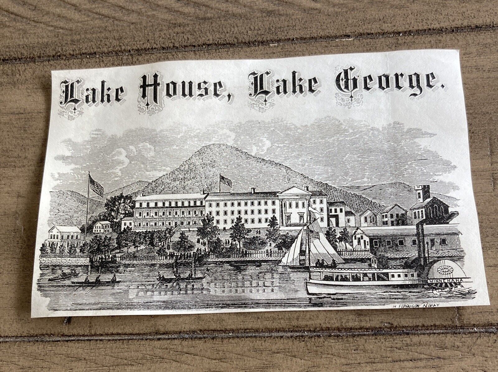 19th Century Paper Engraving Of Lake House, Lake George, New York