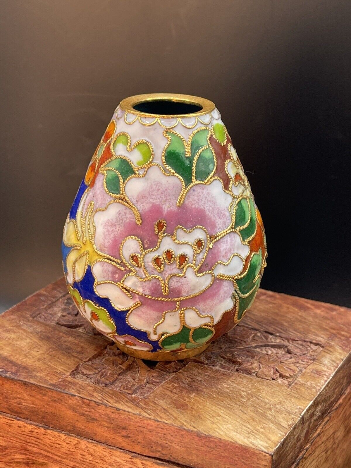 Miniature Chinese Cloisonné Vase Decorated w/  Flowers & Gold Lining Vintage