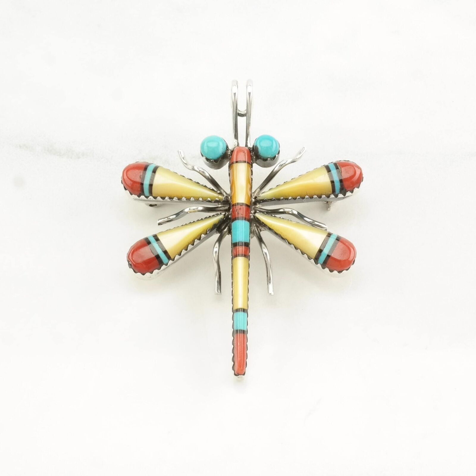Vintage Zuni Sterling Silver Brooch Pendant Dragonfly Turquoise, Coral Inlay