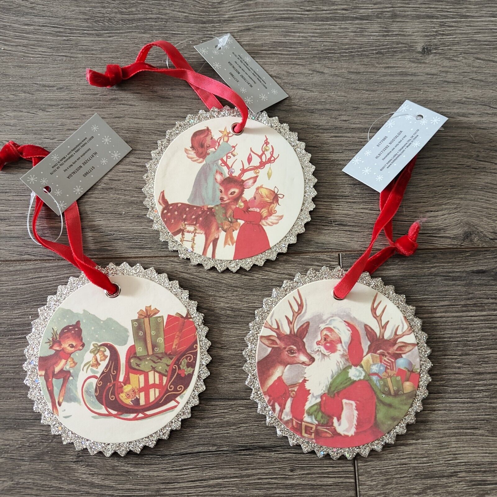 Hobby Lobby Retro Santa Claus & Reindeer Ornaments Glitter Cardboard Christmas