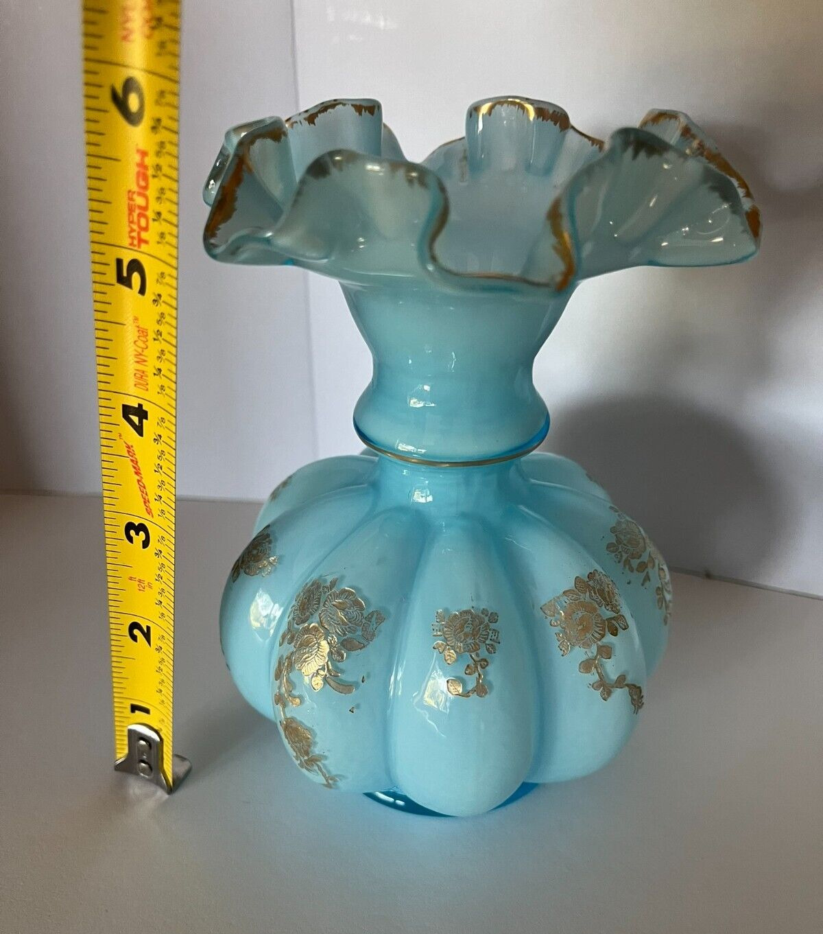 Beautiful Vintage Fenton Blue Glass Hand Painted  Gold Encrusted Lotus Rare