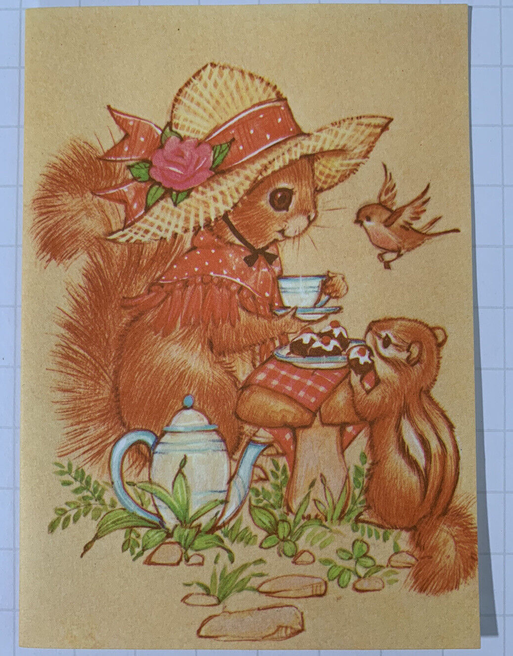 Vintage Greeting Card Squirrel Tea Party Notecard National Paper Ephemera Unused
