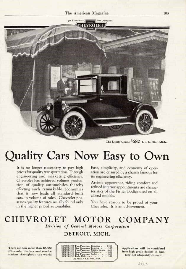 1923 CHEVROLET Utility Coupe 2 Door Auto Car Ad CHEVY