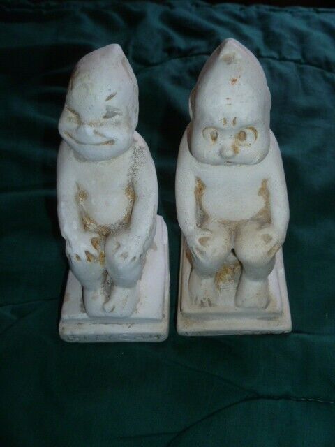 C 1920 PAIR OF BILLIKEN CHALWARE STATUES BILL CAN HAPPY AND BILLY CAN'T VERY SAD
