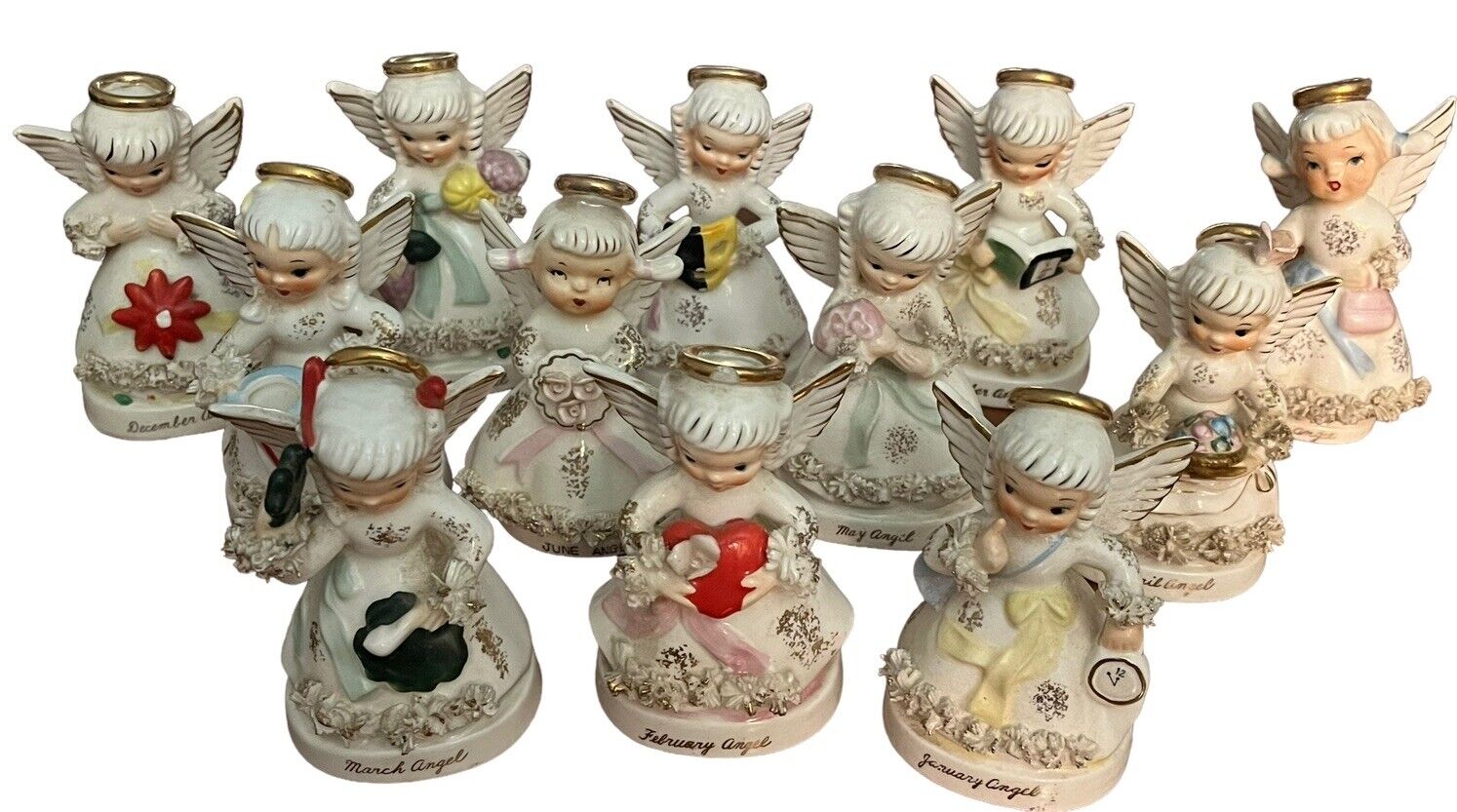 Set of 12 Vintage 1950\'s Napco Birthday Month Porcelain Angel Figurines 4.5\