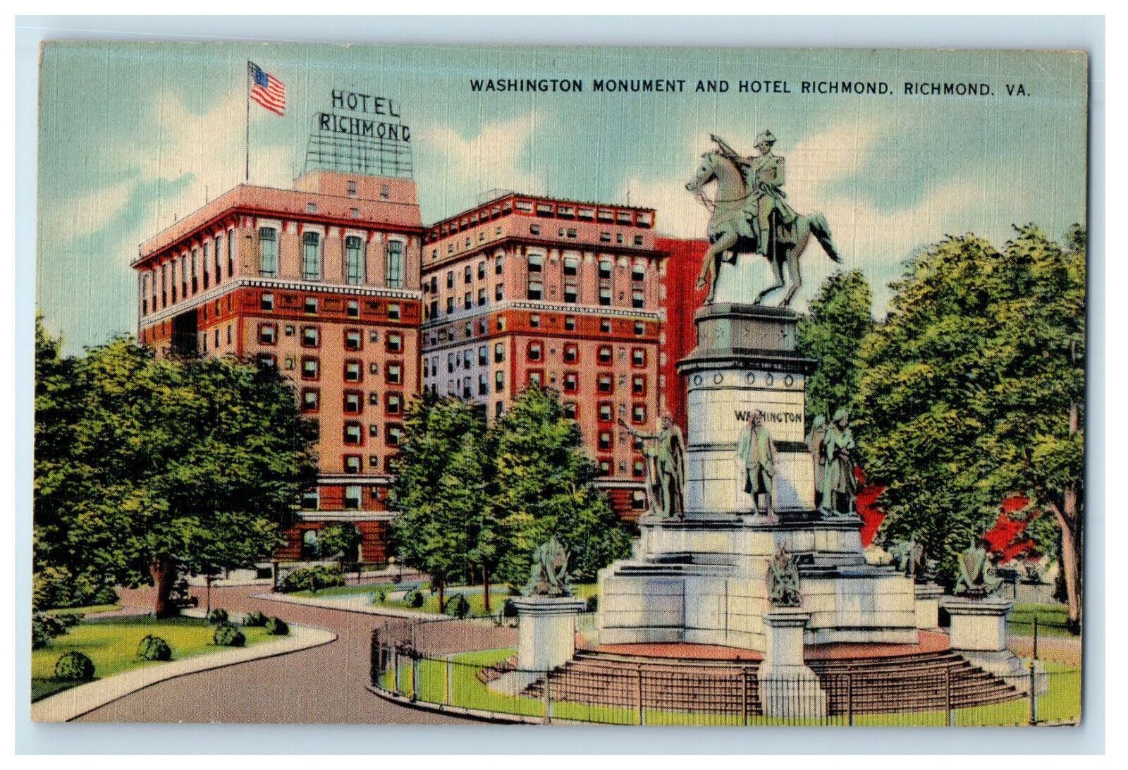 c1930s Washington Monument and Hotel Richmond, Richmond Virginia VA Postcard