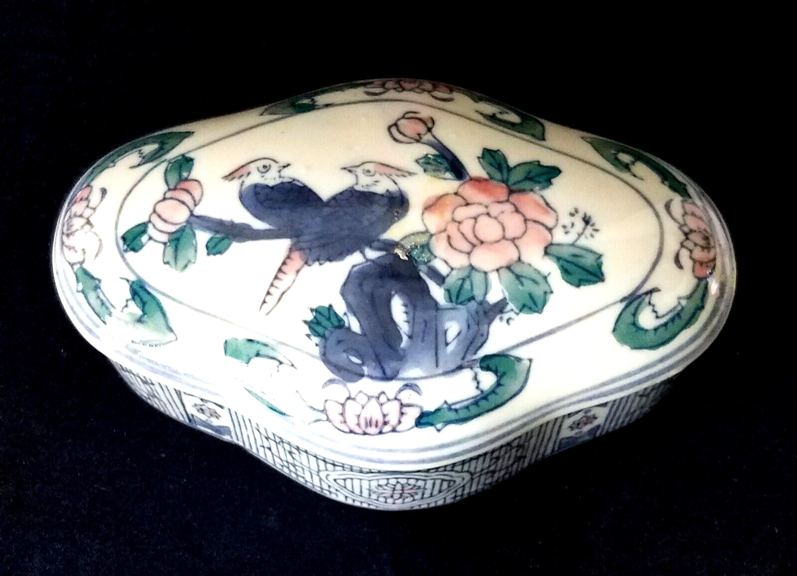 Vintage Hand Painted Chinese Birds Pink Lotus Flower Porcelain Trinket Box