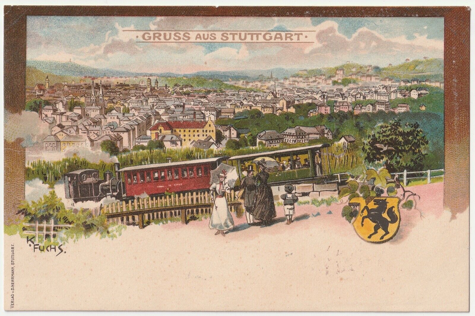 c1890s 1900s Gruss Aus Stuttgart Germany Train & City K Fuchs Antique Postcard