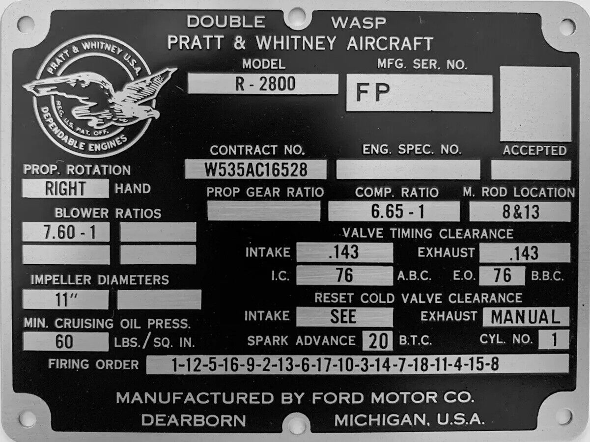 Ford Built P&W R-2800 Dbl Wasp Aircraft Engine Data Plate New Old Stock DPL-0129