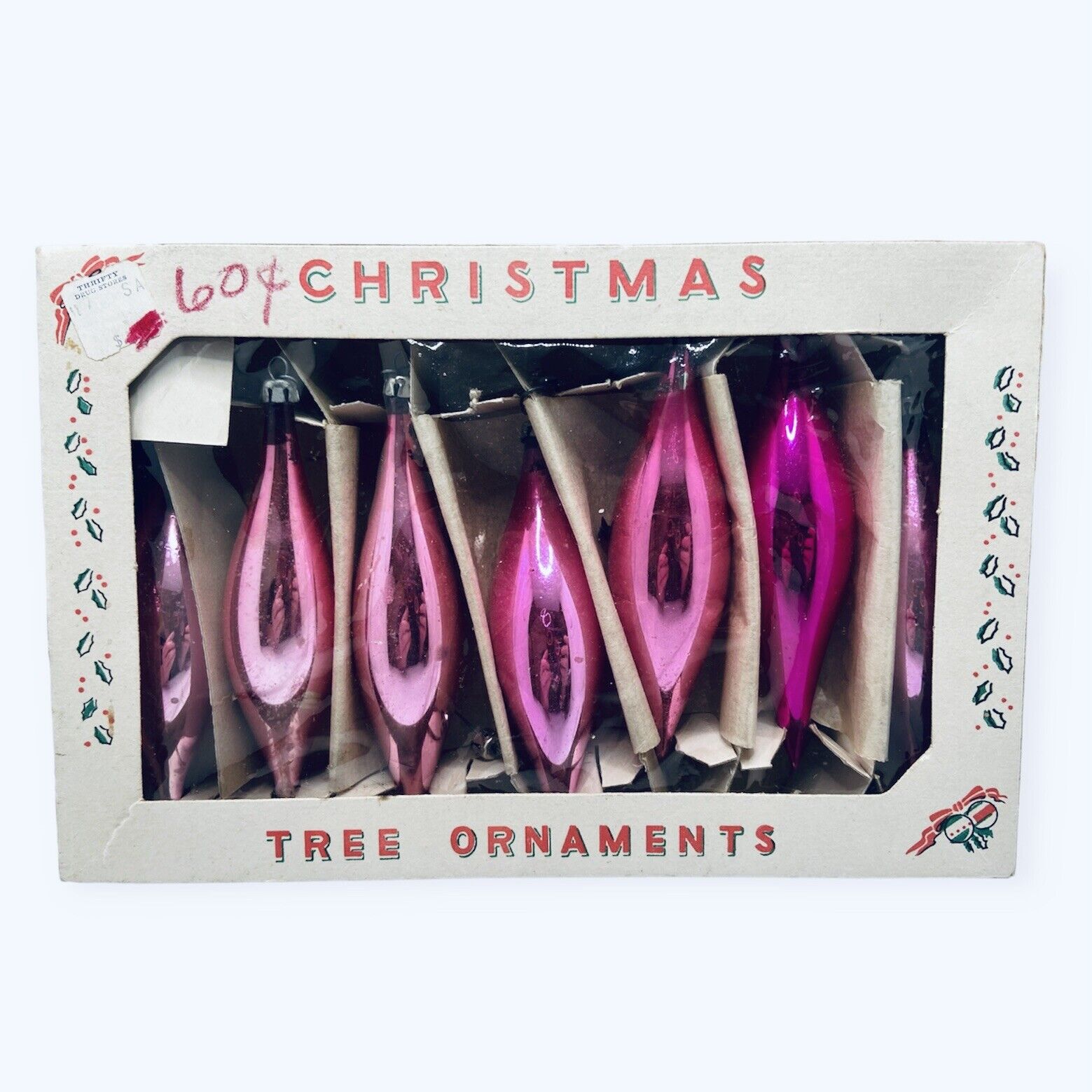 VTG Pink Mercury Glass Teardrop Torpedo Christmas Tree Ornaments Original Box