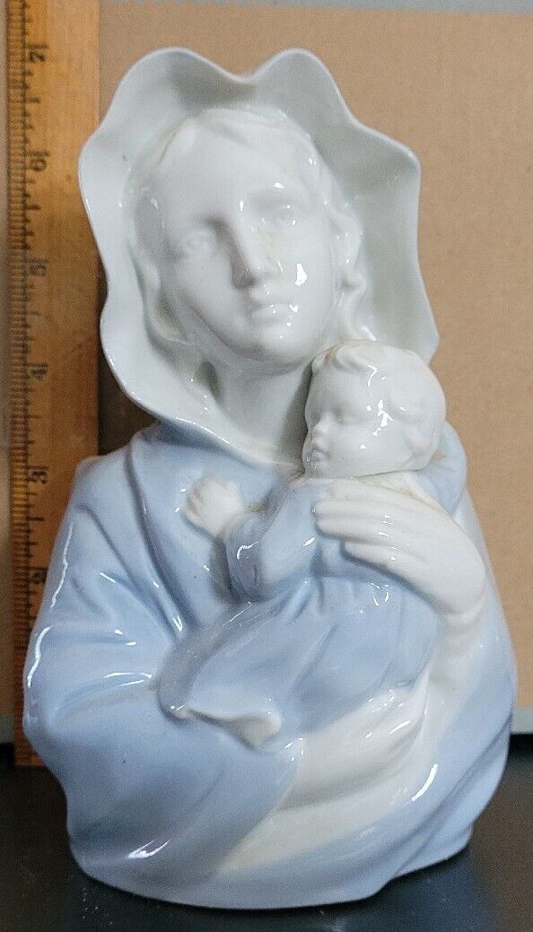 Vintage Blessed Virgin Mary Planter Blue And White Ceramic Figurine