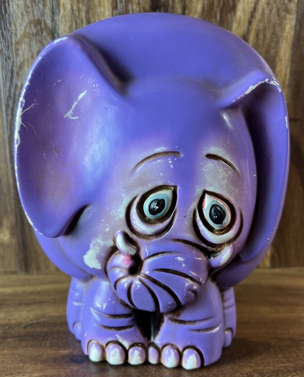 Vintage Ye Olde Curiosity Shop Ceramic Purple Elephant Retro Hippie Coin Bank