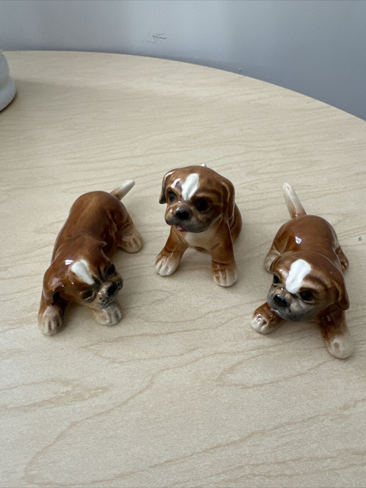 3 Vintage Goebel Miniature Boxer Dog Porcelain Figurine Brown Puppy West Germany
