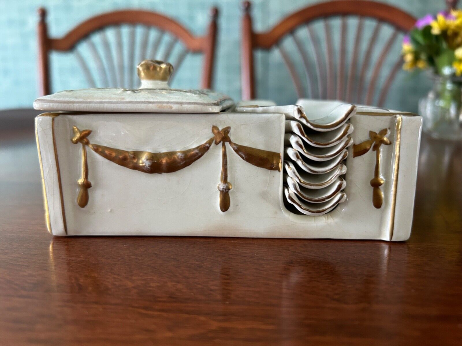 Vintage 1930s Empire Ivory Ware Ladies Ashtray set and cigarette box
