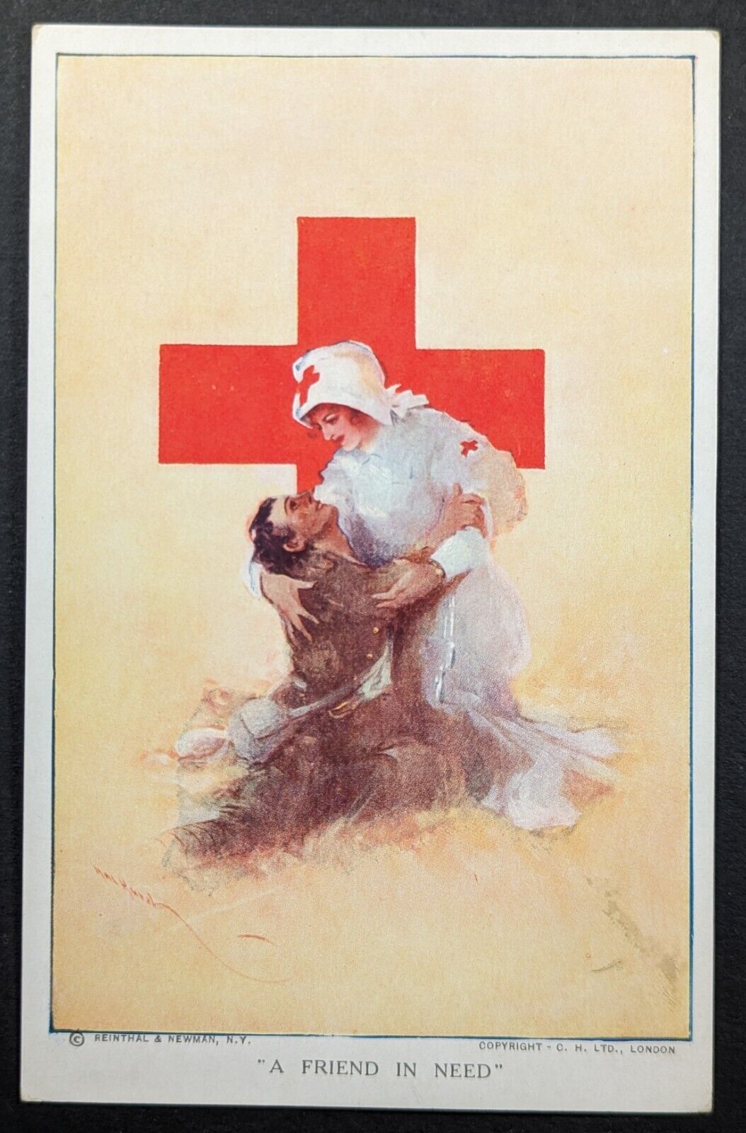 Postcard Vintage War Nurse Red Cross Holding Injured Soldier
