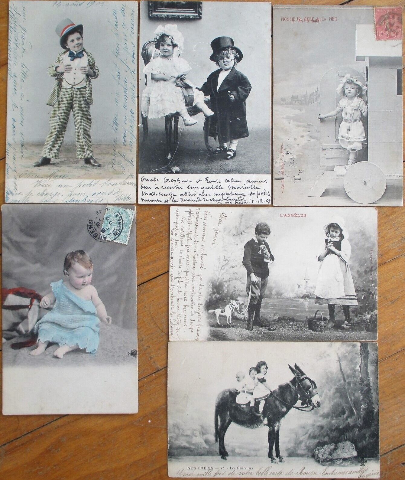 Children 1903 French Fantasy Postcard Group of Six, Beach, Toy Horse, Donkey