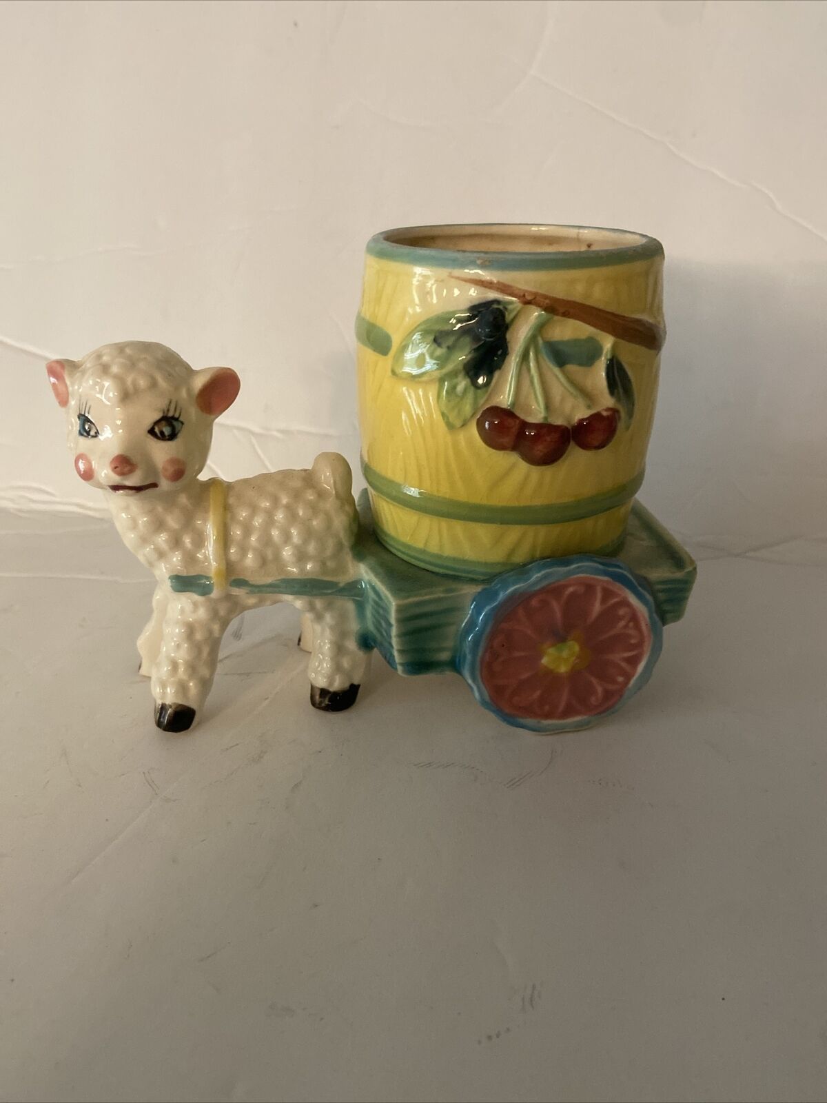 Vintage Ceramic Lamb with Barrel Planter Made in Japan Approx 5 3/4\