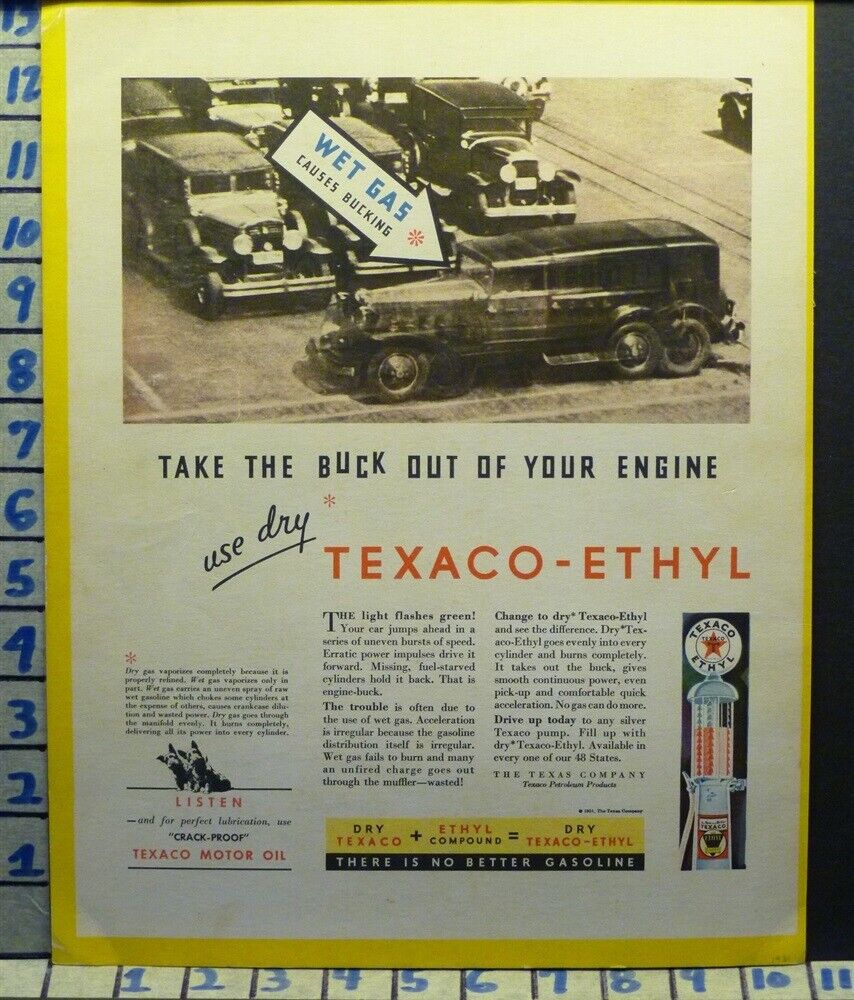 1931 TEXACO ETHYL CLEAR PUMP GAS AUTO OIL DRIVE GARAGE TRUCK VINTAGE AD M47