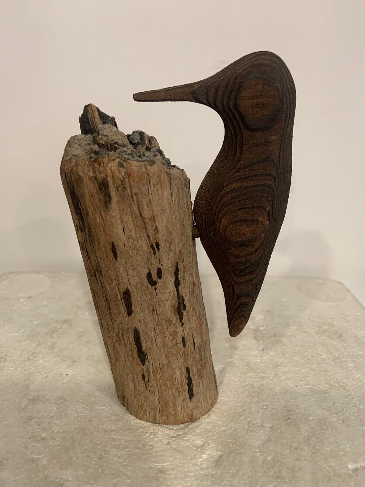 Vntg Wooden Woodpecker Figurine Unique Handmade On Driftwood RARE See Photos
