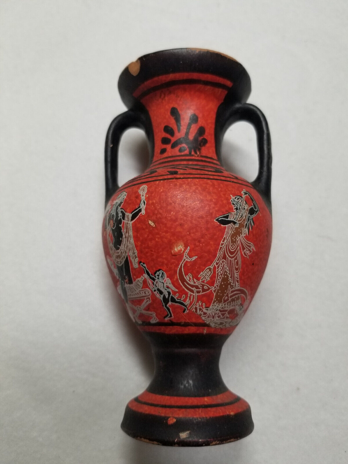 Vintage Small Greek Vase. Amphoreus Hand Painted & Made In Greece  6 Inches