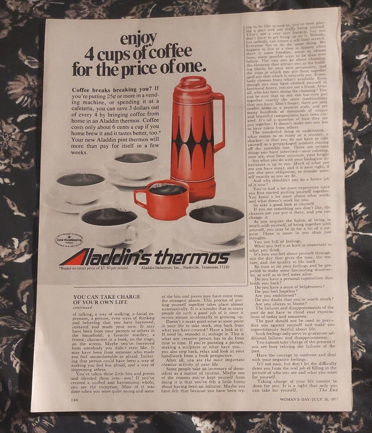 1977 print ad-Alladdin\'s Thermos-enjoy 4 cups of coffee for the price of one