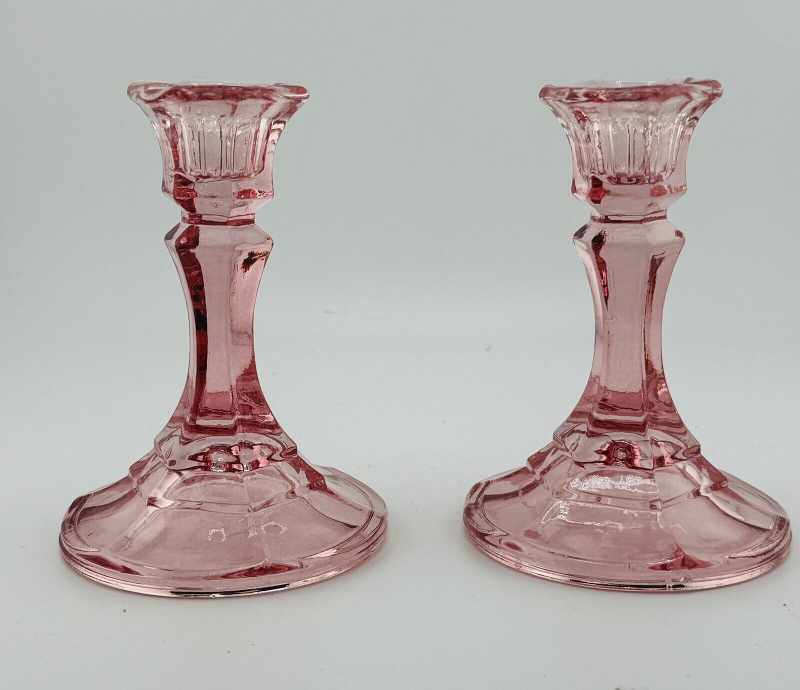 Vintage Pair Pink Glass Libby Candlestick Holders