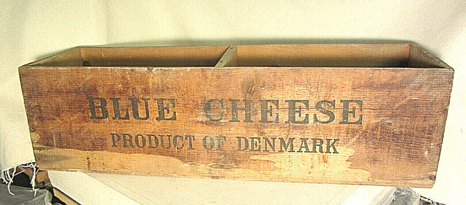 Danish Blue Cheese Import Wood Box 39 lb with Brass Plated Steel SEAL 28x8x8-1/2